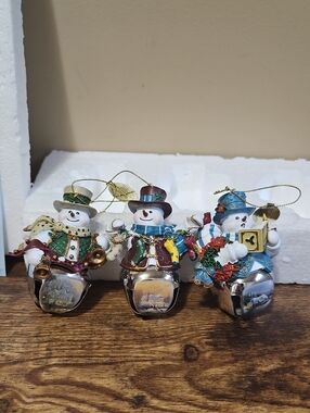 Thomas Kinkade Snow-Bell Holidays Snowman Ornament Collection 2009 Set Of 3